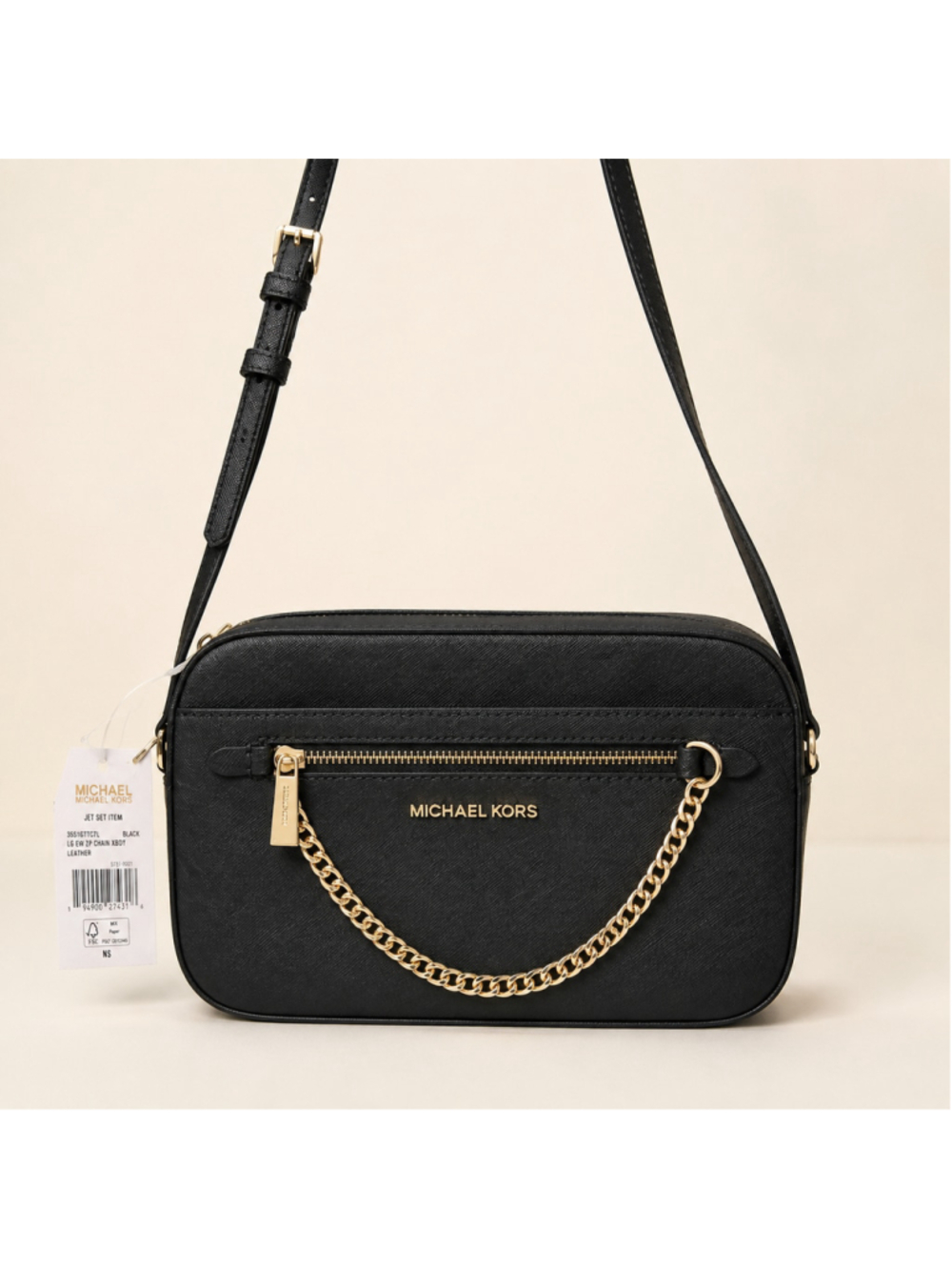 Michael Kors Jet Set Large Saffiano Leather Chain Crossbody Black NWT